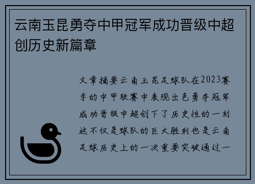 云南玉昆勇夺中甲冠军成功晋级中超创历史新篇章 云南玉昆勇夺中甲冠军成功晋级中超创历史新篇章