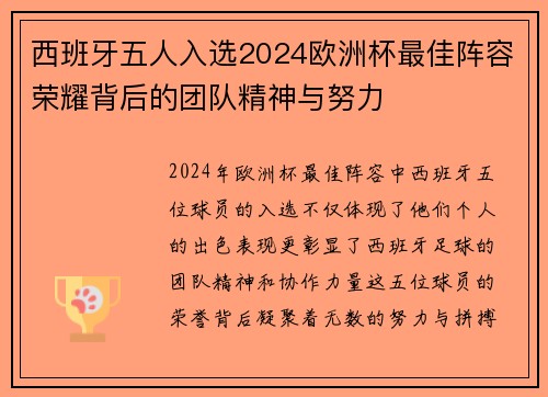 西班牙五人入选2024欧洲杯最佳阵容荣耀背后的团队精神与努力
